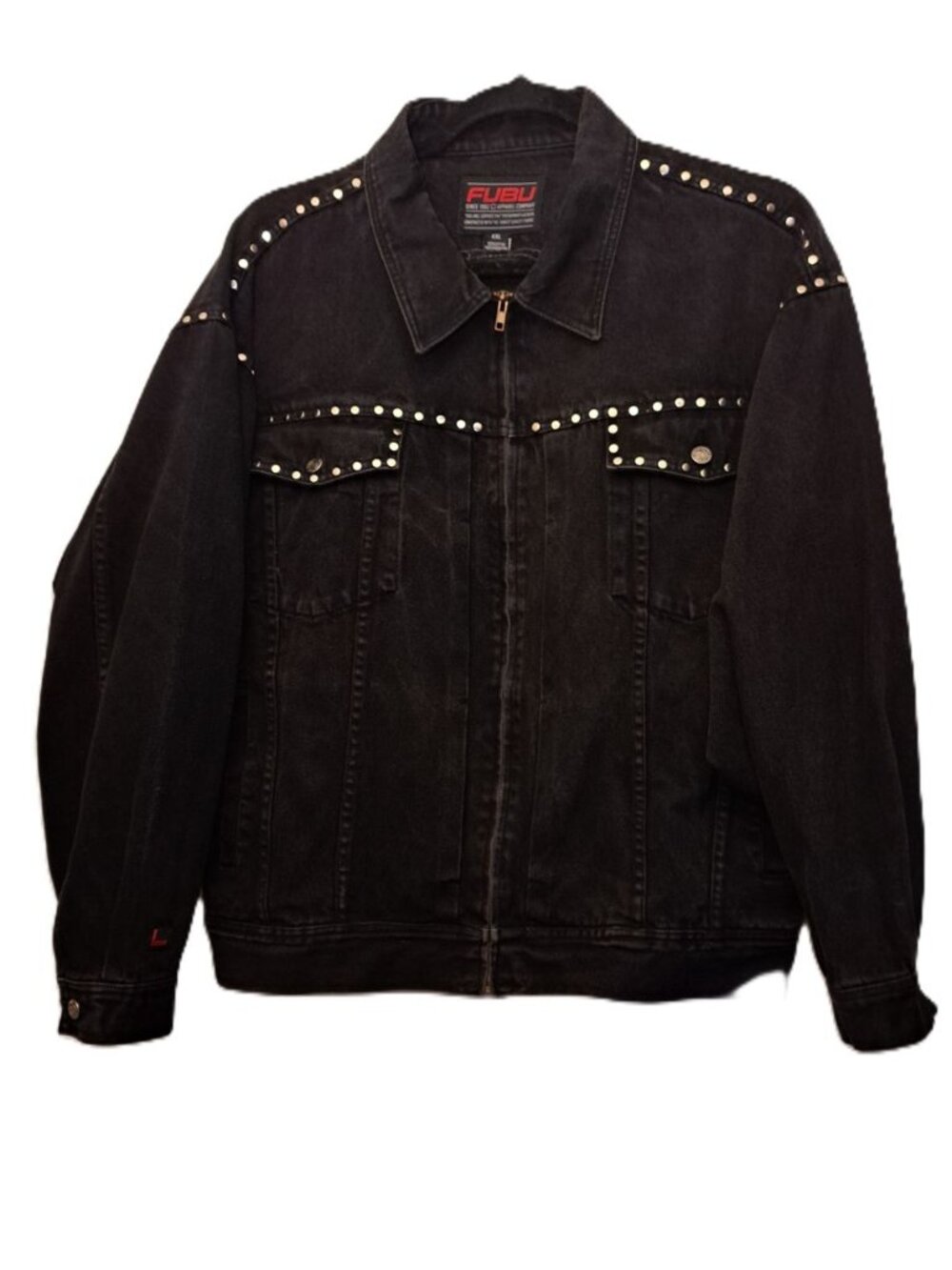 Vintage FUBU Black Denim Jacket Men's XXL Studded Punk Rock Hip Hop Distressed